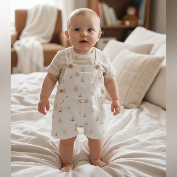 Little Me Other - Little Me Cream Sailboat Print Overalls and top 3 months